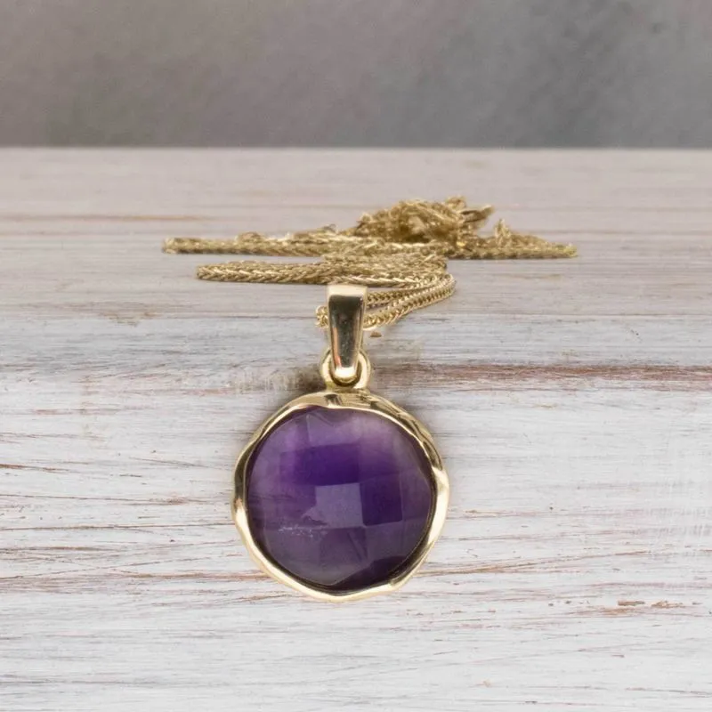 14K Yellow Gold Round Purple Amethyst 12mm Pendant