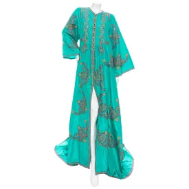 2000s Teal Silk Habotai Floral Embroidered Caftan