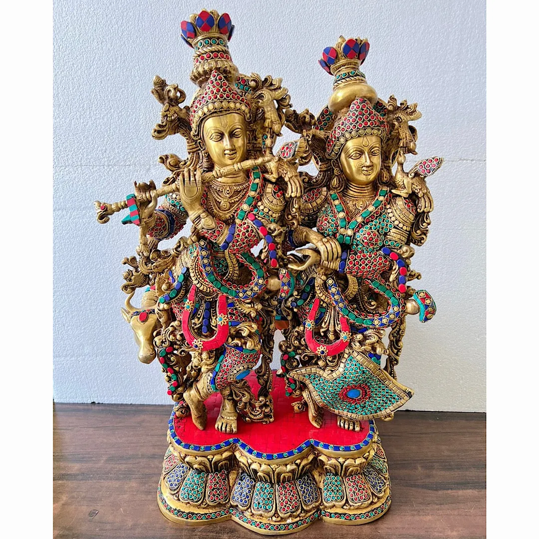28 Inch Radha Krishna With Cow Brass Stonework Statue Idol