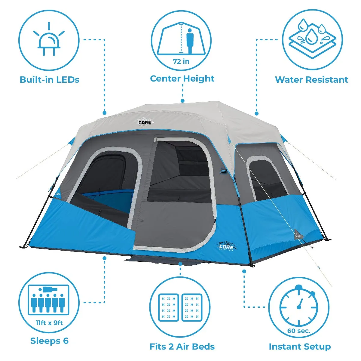 6 Person Lighted Instant Cabin Tent 11’ x 9’