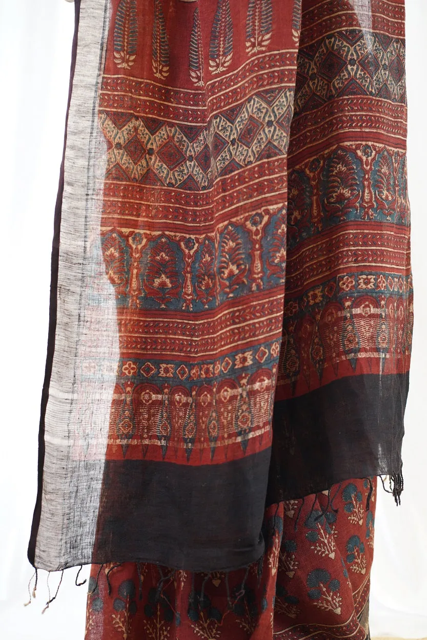 Ajrakh Hand Block Printed Linen Saree