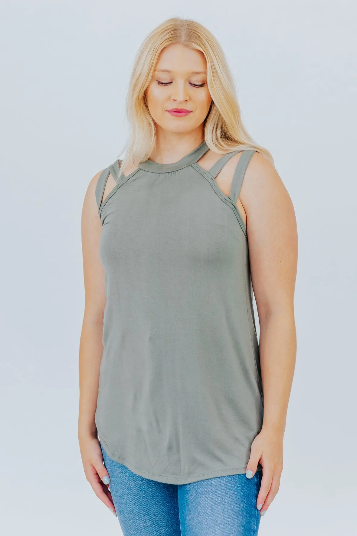 Always Here Cold Shoulder Tank Top in Olive