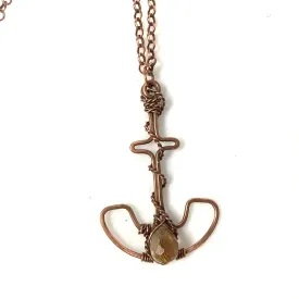 Anchor Copper Necklace with a Rose Quart Gemstone