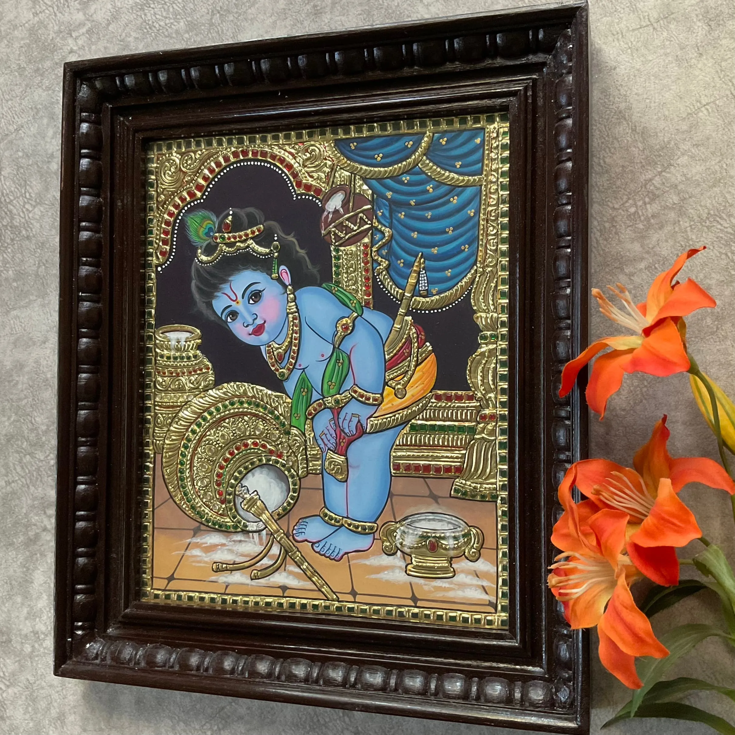 Baby Krishna 3D Tanjore Painting - Traditional Wall Art