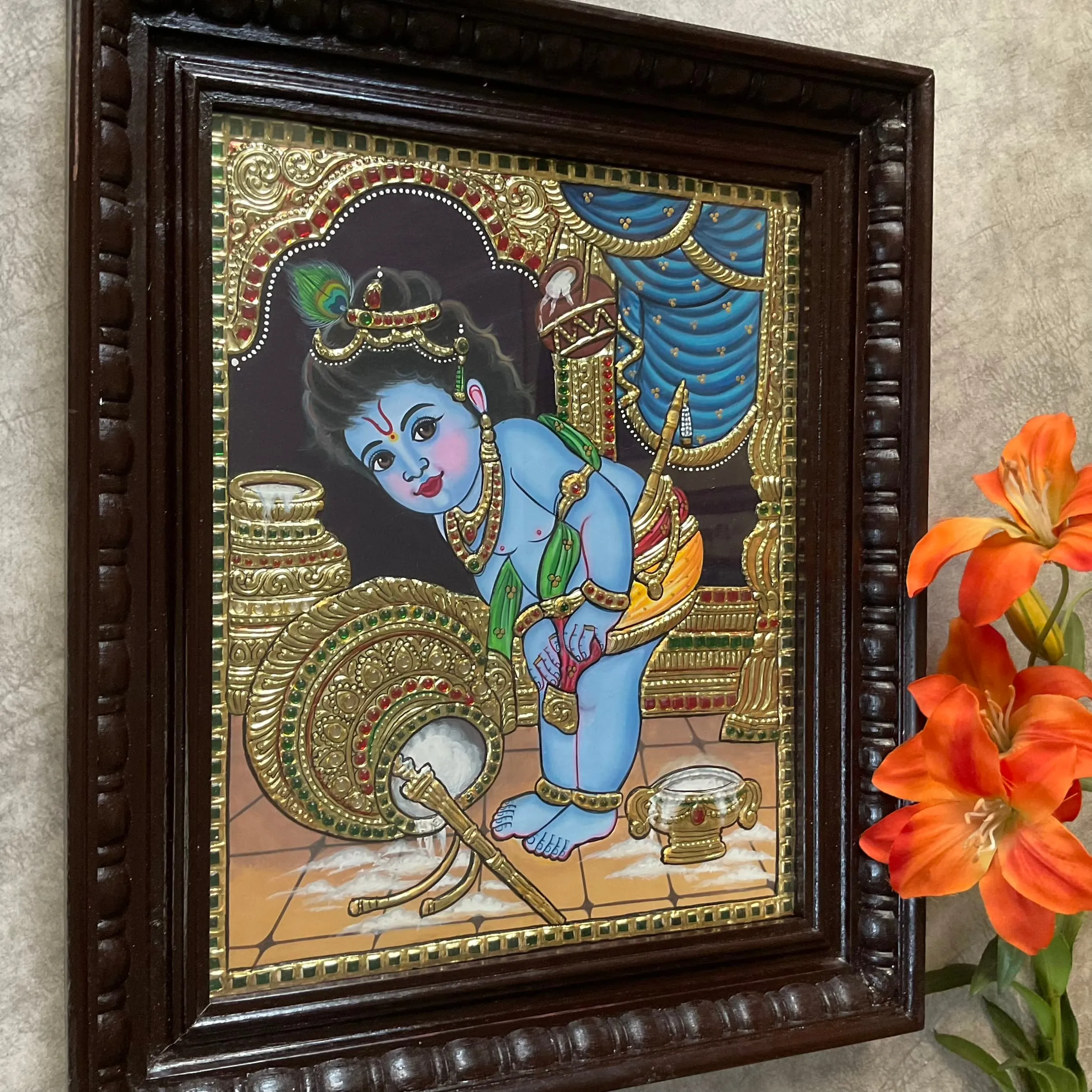 Baby Krishna 3D Tanjore Painting - Traditional Wall Art