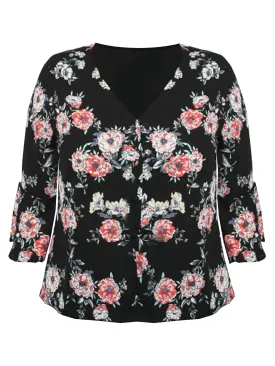 Black Floral Womens Plus Size V-Neck Blouse With Bell Sleeves