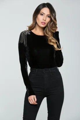 Black with Embellished Applique Leotard Top