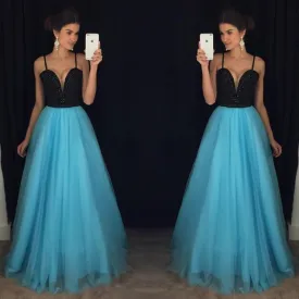 blue prom dresses spaghetti straps elegant beaded a line tulle prom gowns vestido de longo