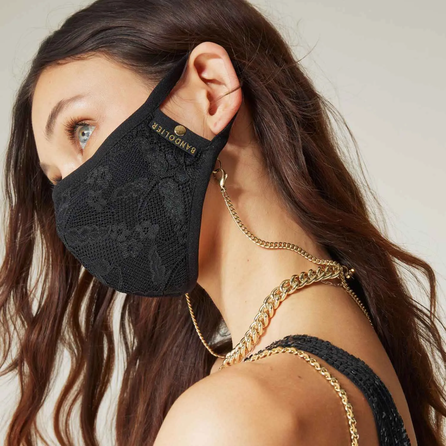 Chloe Lace Mask with Chain - Black/Gold