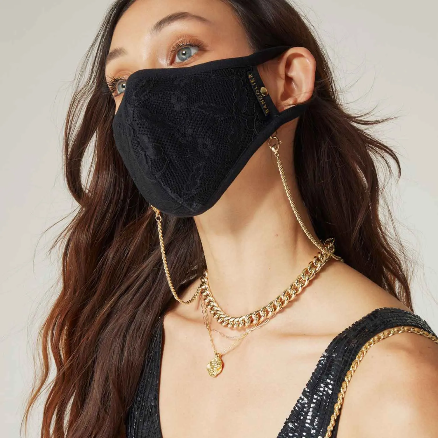 Chloe Lace Mask with Chain - Black/Gold