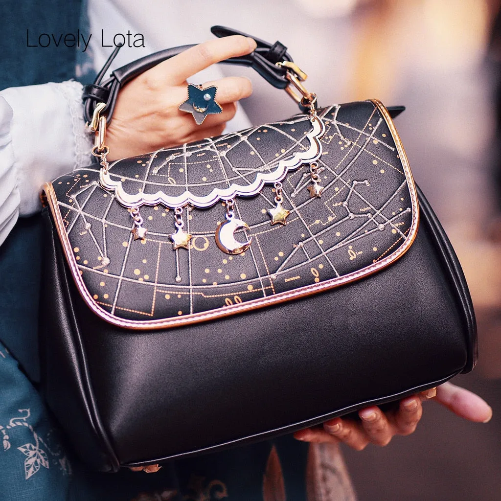 Constellation Printed Lolita Handbag Cute Satchel Bag with Moon & Star Pendant