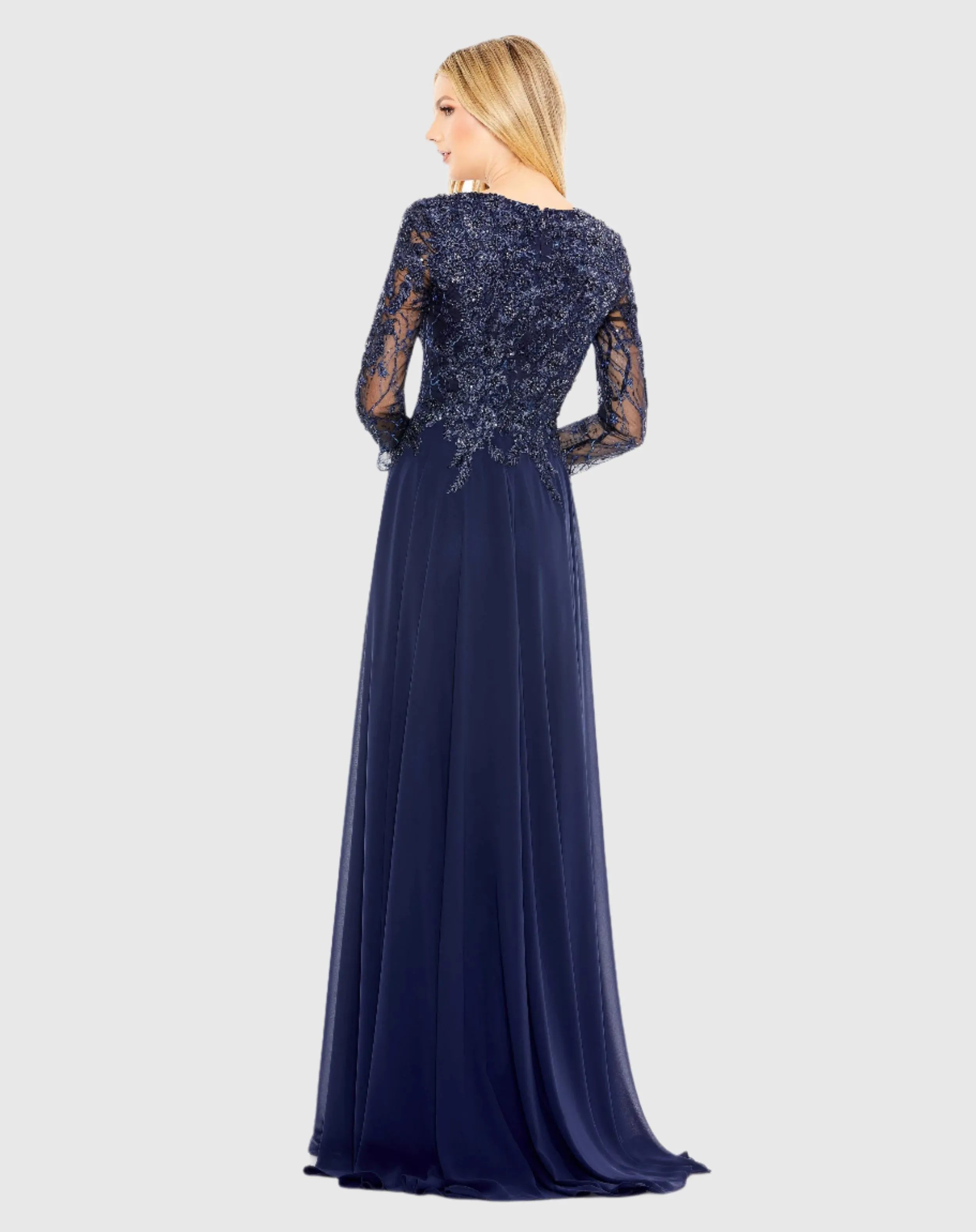 Embellished Illusion V Neck Long Sleeve Gown