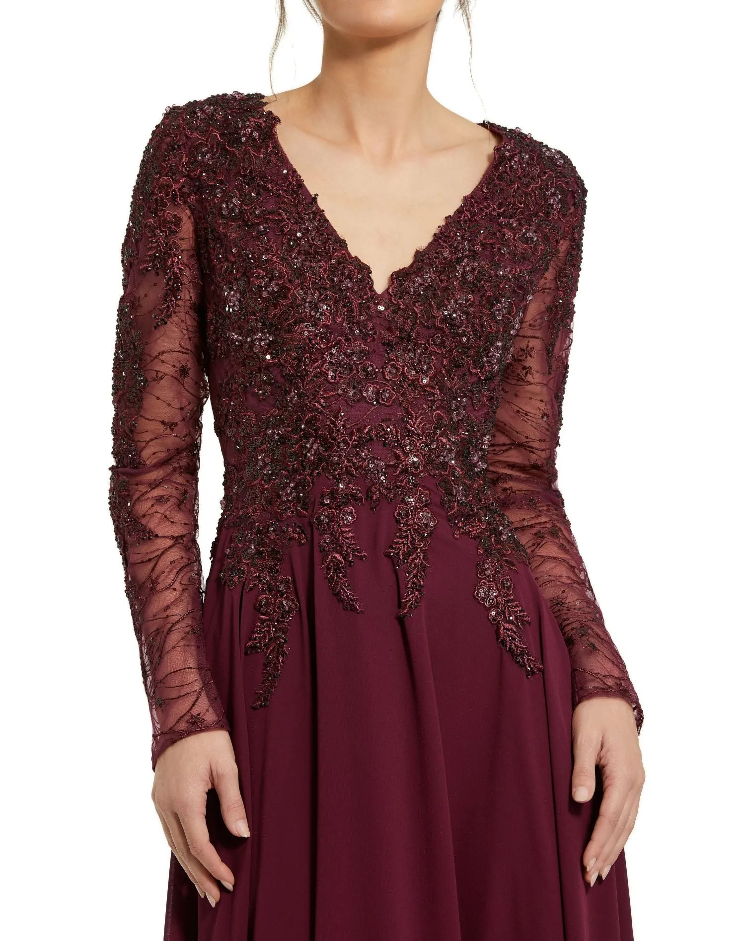 Embellished Illusion V Neck Long Sleeve Gown