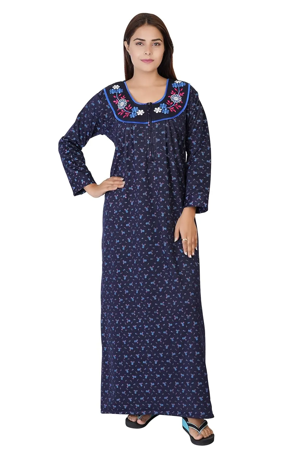 Floral Woolen Nighty - Blue