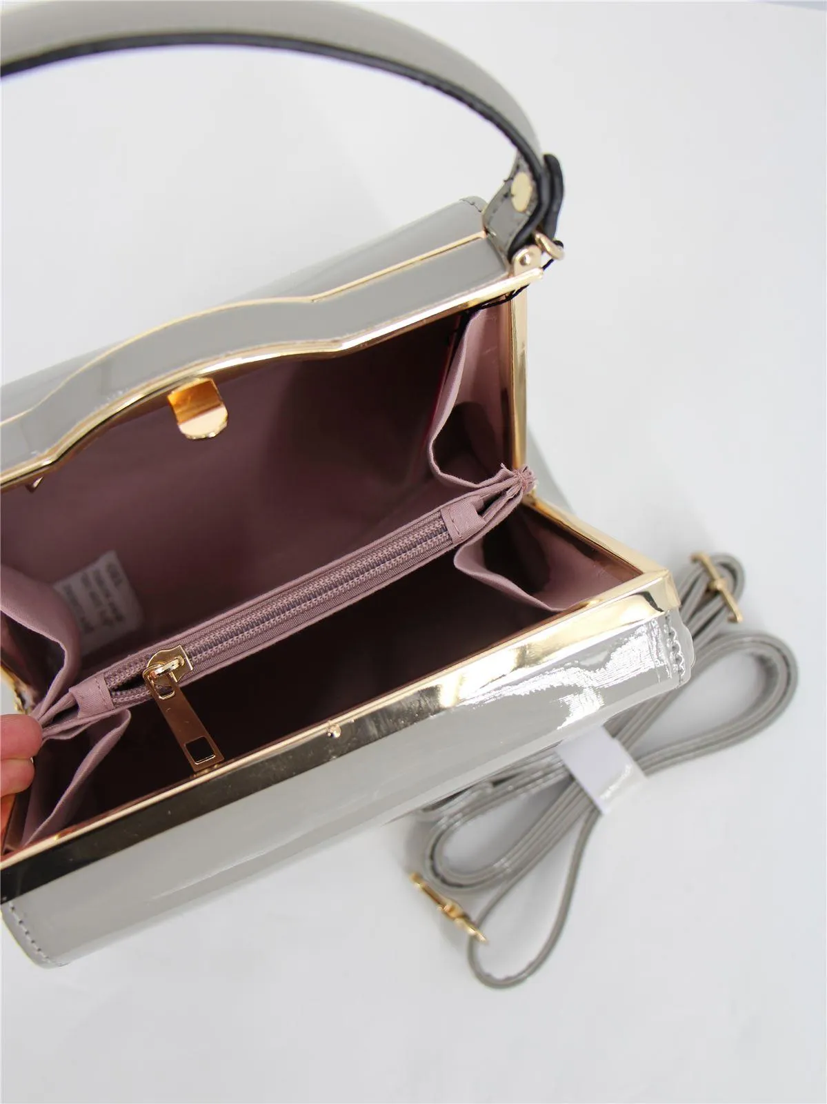 Light Grey Vintage Look Glossy Patent Frame Bag