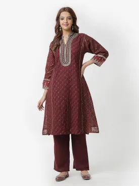 Maroon Schiffli Co-ord Set with Hand Embroidery