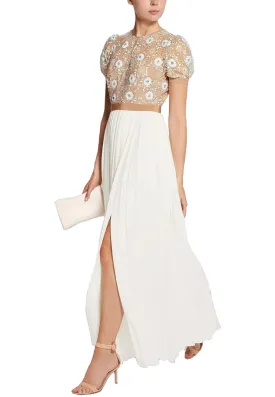 Elegant Nude Floral Sequin Embellished White Chiffon Maxi Dress