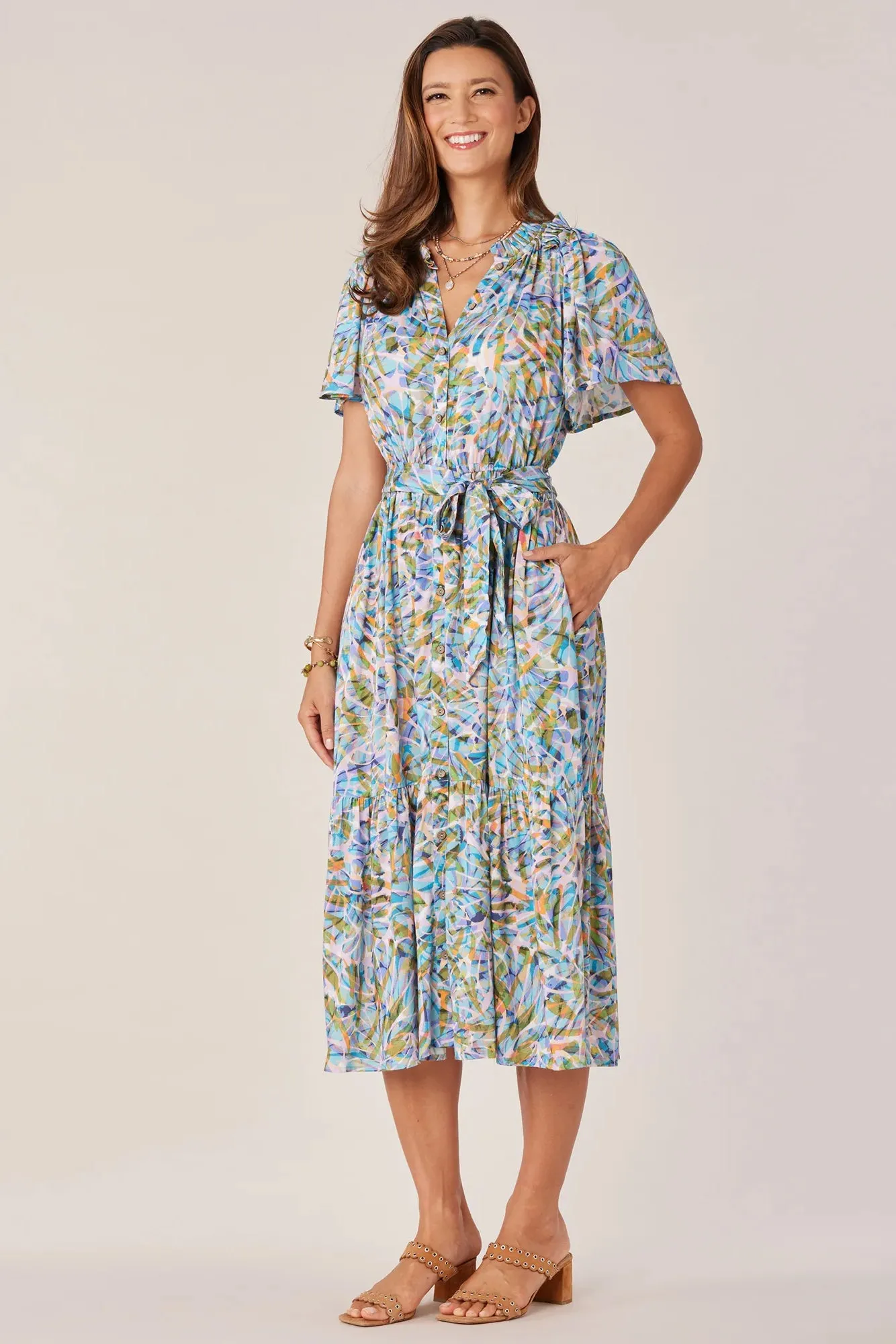 Short Bell Sleeve Printed Woven Dress