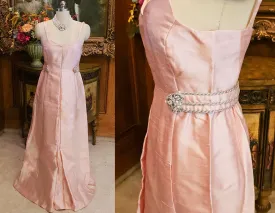 VINTAGE 1960s SILK SHANTUNG JEWELED RHINESTONE FAUX PEARLS BRAID PINK EVENING GOWN