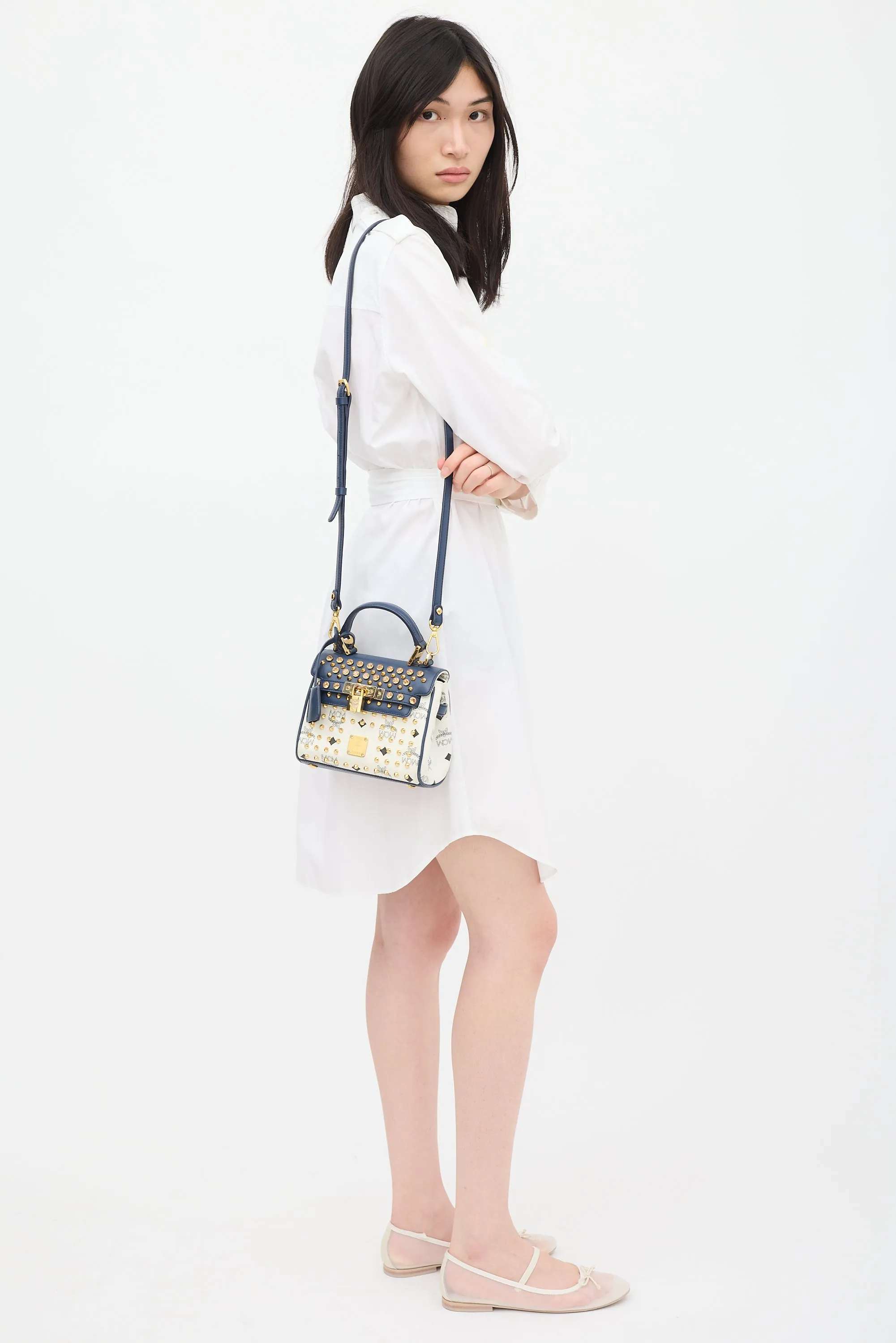 White & Navy Leather Visetos Monogram Satchel Bag