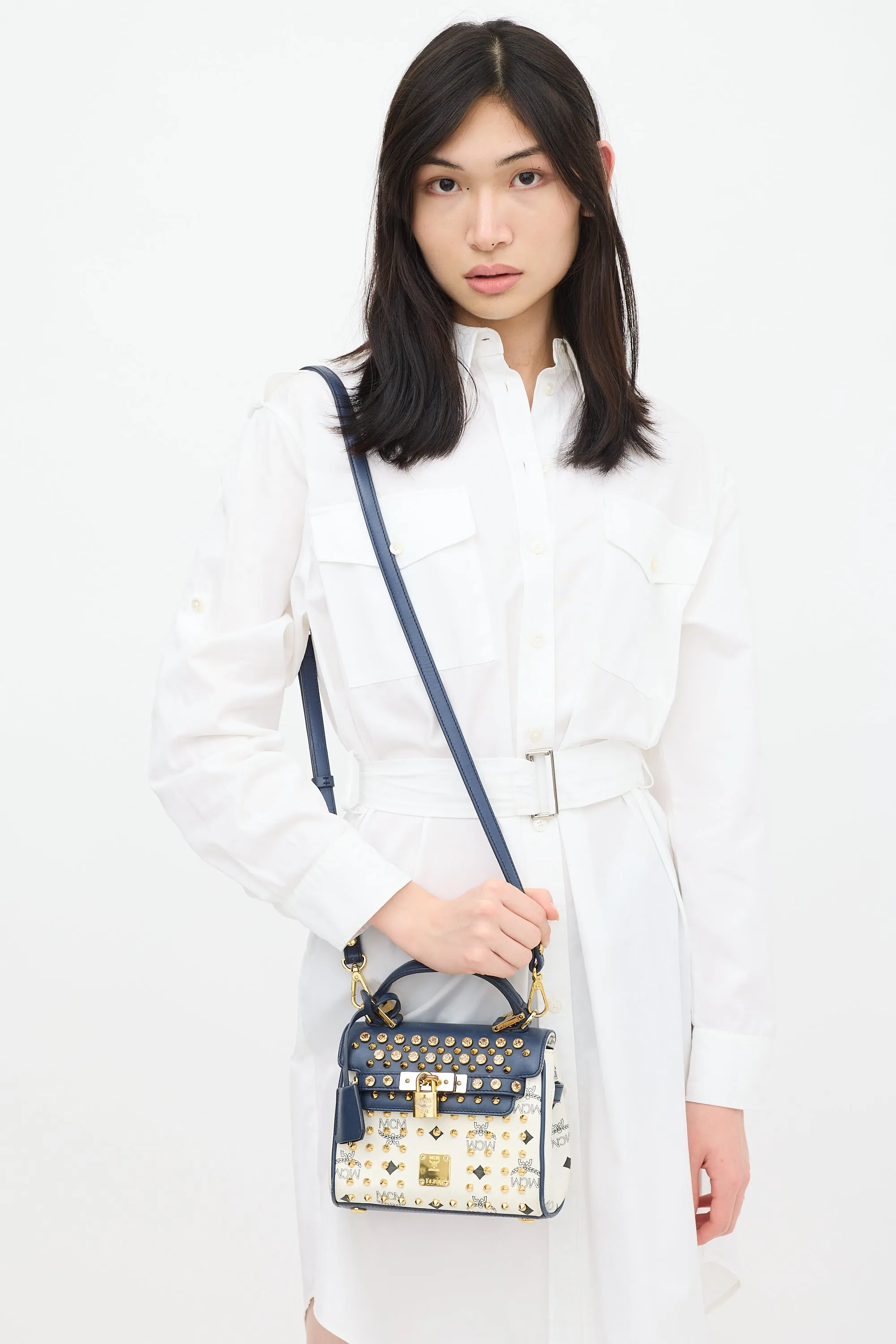 White & Navy Leather Visetos Monogram Satchel Bag